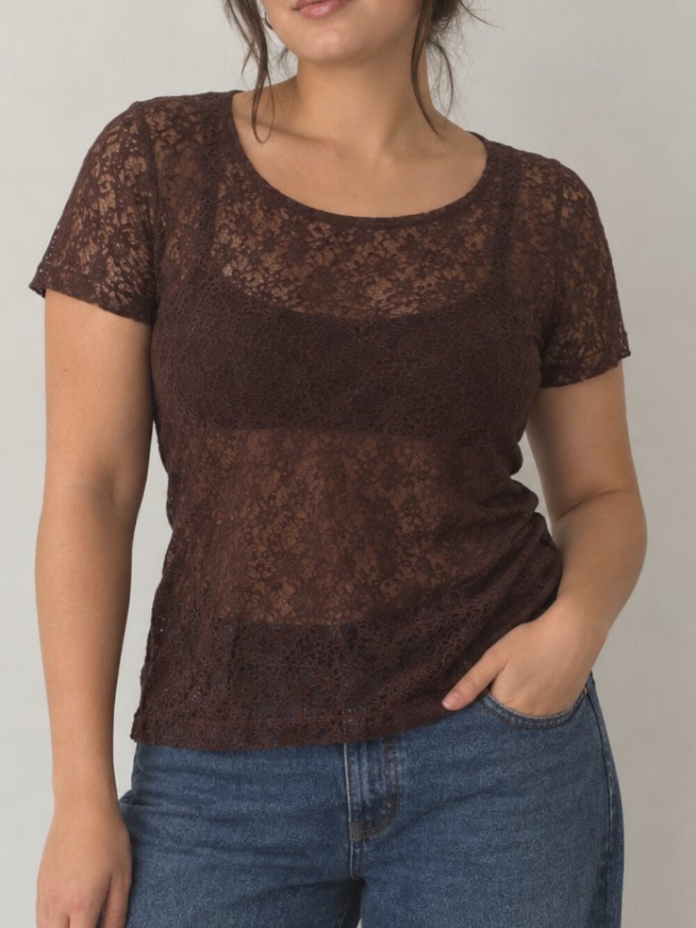 Y2K Brown Lace Tshirt Sheer Scoop Neck Staple Whimsigoth Layering Romantic Boho